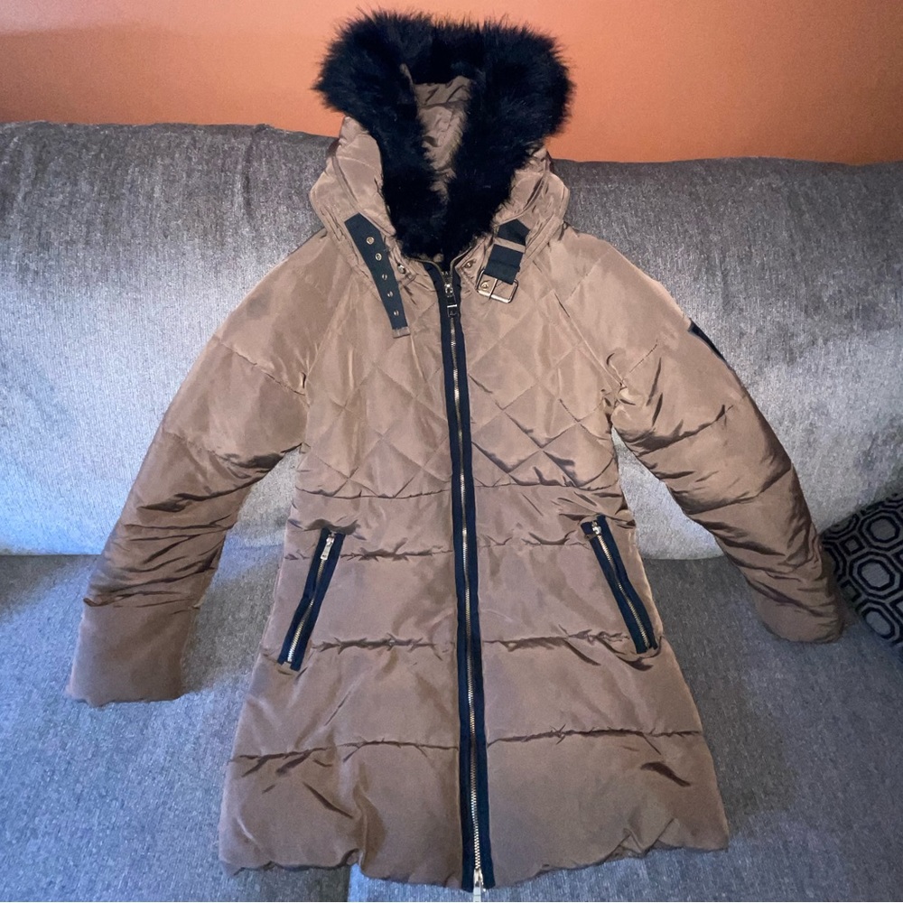 Zara Chocolate Brown Mid Length Parka Puffer Jacket with Black faux fur hood - M